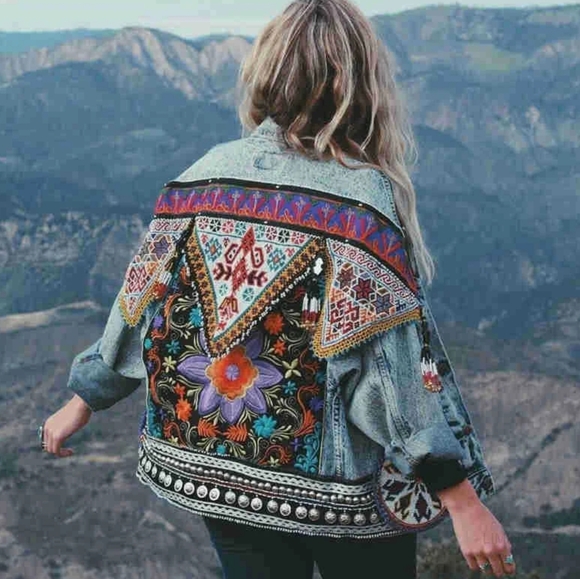 Jackets & Blazers - Jacket Women's Spring Boho Denim for Women Floral Appliques Embroidery Vintage